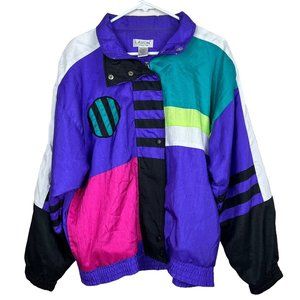 Vtg 80s 90s Teal Purple Black Lavon Windbreaker Jacket Stripped Streetwear Large